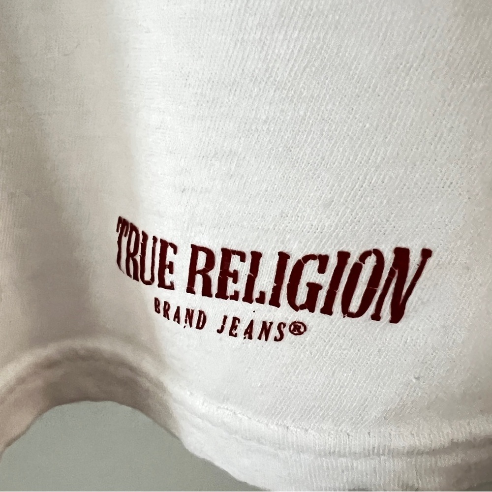 True Religion V-Neck White Short Sleeve Tee- with flaws see pics - Picture 3 of 8